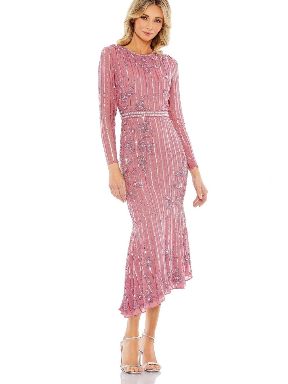 MAC DUGGAL 93627 Long-Sleeve Tea Length Floral Beaded Rosewood Dress, Size 18